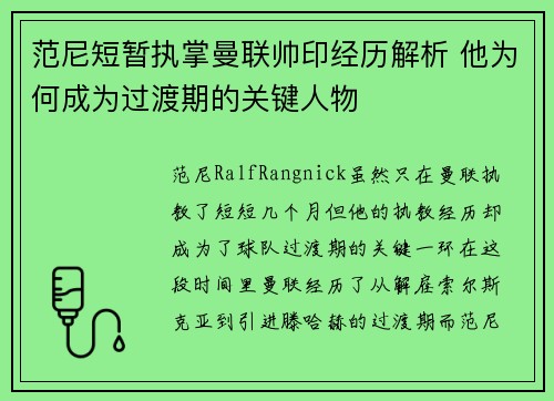 范尼短暂执掌曼联帅印经历解析 他为何成为过渡期的关键人物